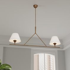 a light fixture hanging from the ceiling in a living room with a potted plant