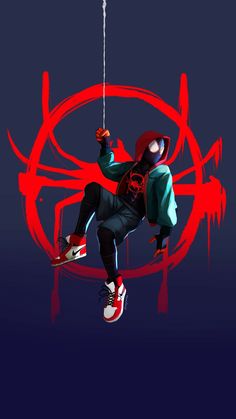 a man hanging from a rope in front of a red and black circle with the word spiderman on it