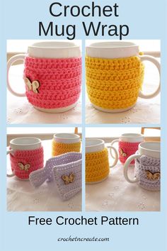 the crochet mug wrap pattern is shown in four different colors and has a butterfly on it