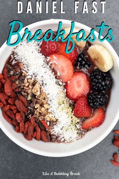 the cover of danielle fast's breakfasts cookbook is shown above a bowl of fruit and nuts