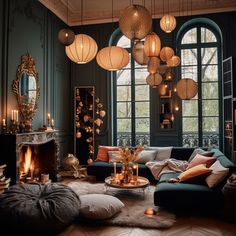 a living room filled with furniture and lots of lights