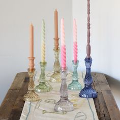 Bougeoir en Verre Multicolor Taper Candle Holders - Set of 6 - Holistic Habitat Colorful Candle Sticks, Taper Candle With Glass, Colorful Candle Stick Holders, Colorful Taper Candles, Color Glass Candle Holder, Coloured Glass Candle Holder, Taper Holders, Bath Pillows, Candle Displays