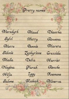 a sheet of lined paper with flowers and names on it, in the shape of a wreath