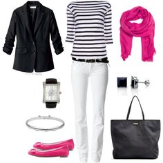 Hot Pink Scarf, French Wardrobe, Stitch Fix Style, Mode Inspiration, White Pants, White Fashion, Look Chic, Clothes And Accessories