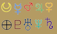 the symbols for different types of zodiacs are shown in various colors and font styles