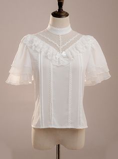 White Layered Pleated Lace Jacquard V Neckline Design Elegantly Ruffled Short Sleeves Bow Knot Classic Lolita Shirt Short Sleeve Ruffled Tops For Wedding, Short Sleeve Ruffle Top For Wedding, Short Sleeve Wedding Top With Ruffles, Lace Tops With Ruffles And Short Sleeves, Lace Top With Ruffles And Short Sleeves, Short Sleeve Lace Tops With Ruffles, Lace Ruffle Tops With Short Sleeves, Fitted Short Sleeve Lace Top With Ruffles, Formal Short Sleeve Top With Lace Trim