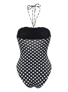 Black swimsuit with white polka dots from Saint Laurent, bustier model, halter neck. Polka Dot Sleeveless Summer Swimwear, Polka Dot One-piece Swimwear For Vacation, Bustier Swimsuit, Fitted Polka Dot Swimwear, Polka Dot Bathing Suit, Swimsuit For Women, Black Swimsuit, White Polka Dot, Halter Neck