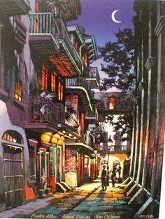 a painting of people walking down an alleyway at night with the moon in the sky