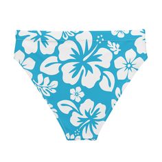 Turn heads at the beach with our white and ocean aqua blue hibiscus flowers on white high waisted bikini bottom. These bold and playful flowers will make a statement while providing the perfect fit to flatter your figure. Enjoy comfort and style all in one! Bathing suit bottom is comfortable, high-waisted, and double-layered. • Double-layered and non-reversible • Tear-away care label • Zig-zag stitching *Swimsuit top only and two piece set with this design are listed and sold separately. This pr Hawaiian Swimwear With Hibiscus Print For Poolside, Hawaiian Hibiscus Print Swimwear For Poolside, White Swim Trunks For Beach Party, Blue Hawaiian Bottoms For Beach Party, Beachy White Swim Trunks For Pool, Tropical White Swim Trunks For Poolside, White Tropical Style Swim Trunks, White Tropical Print Beach Bottoms, White Tropical Bottoms For Pool