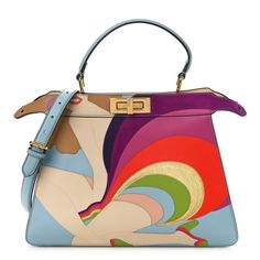 This is a stylish and authentic FENDI Vitello Seta Nappa Bi-Color Rainbow Girl Inlay Medium Peekaboo I SEE U Satchel in Azzurro Baby and Multicolor. This stylish bag is crafted of light blue calfskin leather with multicolor print. It features a colorful print, a leather strap, a Fendi turn lock and polished gold hardware. The top opens to a partitioned beige interior. Fendi Peekaboo Medium, Fendi Peekaboo Iseeu, Fendi Crossbody Bag, Fendi Peekaboo Bag, 70s Glamour, Fendi Logo Design, Fendi Store, Blue Leather Bag, Dolls Shoes