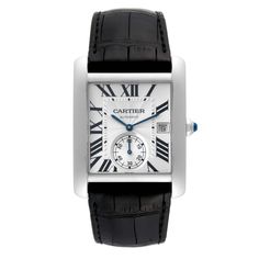 Cartier Tank MC Silver Dial Steel Mens Watch W5330003. Automatic self-winding movement. Three body brushed stainless steel case 34.3 x 44.0 mm. Octagonal crown set with the faceted blue spinel. Exhibition transparent sapphire crystal caseback. Stainless steel bezel. Scratch resistant sapphire crystal. Silver guilloche dial with black Roman numerals. Blued steel sword shaped hands. Minute markers around an inner ring. Date display at the 3 o'clock aperture. Seconds sub-dial at the 6 o'clock. Secr Formal Cartier Watch Band With Rectangular Dial, Formal Automatic Watch Accessories With Rectangular Dial, Classic Chronograph Watch With Date Indicator For Formal Occasions, Cartier Timeless Watch Bands With Rectangular Dial, Luxury Business Watch Accessories With Date Display, Timeless Chronograph Watch With Date Indicator For Formal Occasions, Classic Watch Accessories With Rectangular Dial And Date Display, Timeless Rectangular Chronograph Watch For Formal Events, Timeless Rectangular Chronograph Watch For Formal Occasions