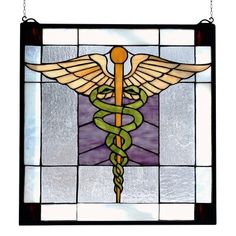 a stained glass window with a cadus symbol on it's front and sides