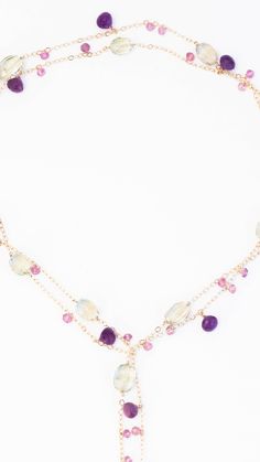 African, Pink and Green Amethyst Chainy Lariat Necklace - Inaya Jewelry Amethyst Briolette Necklace With Gemstone Accents, Purple Amethyst Briolette Necklace, Purple Briolette Amethyst Necklace, Pink Amethyst Jewelry With Gemstone Accents, Purple Briolette Gemstone Accented Jewelry, Purple Briolette Jewelry With Gemstone Accents, Purple Bohemian Briolette Jewelry, Pink Amethyst Gemstone Necklace, Elegant Purple Lariat Necklaces