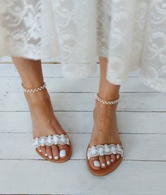 SHIPPING via DHL EXPRESS WORLDWIDE: 1 - 4 business days delivery (Please fill in your phone number if you choose Express Shipping) ★ More wedding sandals and shoes: See my store: https://www.etsy.com/shop/PelinoSandals 💓 Handmade genuine Greek leather wedding sandals decorated with romantic lace or crystals,pearls,rhinestones ( all the embellishments are hand sewn onto the leather straps) for brides dreaming of a beach wedding, a Bachelor party or even a city wedding. I am here to create with y Spring Beach Wedding Closed Toe Sandals, Spring Closed Toe Sandals For Beach Wedding, Bridal Shower Open Toe Sandals For Summer, Closed Toe Sandals For Beach Wedding, Bridal Shoes Flats Sandals Beach, Summer Wedding Shoes With Flat Heel For Bridesmaids, Elegant Open Toe Lace-up Sandals For Wedding, Closed Toe Sandals For Bridal Shower In Summer, Flat Summer Wedding Shoes For Bridesmaids