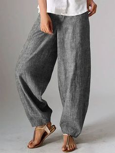 Casual Gray Loose Long Pants Linen Pants Style, Adidas Hose, Celana Fashion, Vestidos Retro, Casual Summer Pants, Plain Pants, Estilo Hippie, Linen Casual, Comfy Pants