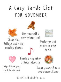 a poster with words describing the different things to do for november in english and spanish