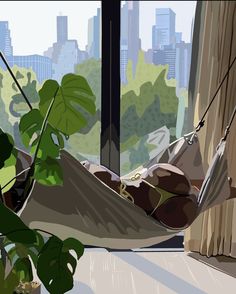 a painting of a hammock in front of a window with cityscape