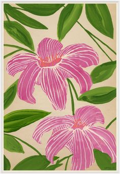 two pink flowers with green leaves on a beige background