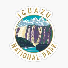 the iguazu national park sticker is shown in gold and purple, with a waterfall