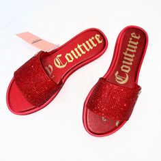 New With Tag, No Box Slides/Sandals For Women By Juicy Couture Us Size 6/ Uk 4/ Eur 36-37 Color: Red Slip On Beaded Front, Gold-Tone Name Logo And Studs To Lateral Sides Rubber Outsoles Heel Height: Flat Fashionable, Trendy Barbiecore Trend Trendy Red Slide Sandals, Party Sandals With Red Sole And Flat Heel, Red Embellished Sandals For Spring, Spring Embellished Red Sandals, Red Rhinestone Sandals For Spring, Red Sole Slip-on Party Sandals, Party Sandals With Red Sole Slip-on, Party Slip-on Sandals With Red Sole, Party Sandals With Red Sole