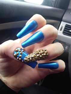 Blue nails with gold crystals - bling - press on nails full set all shapes- gel nails #bling #Ballerina #gold #nails #crystals #Coffin #glitter #gel #long #blue Teal Crocodile Nails, Blue Crocodile Acrylic Nails, Teal Rhinestone Nails, Turquoise Rhinestone Nails, Uv Gel, Gold Nails