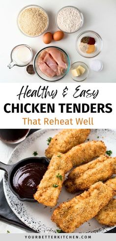 chicken tenders on a plate with sauce and ingredients