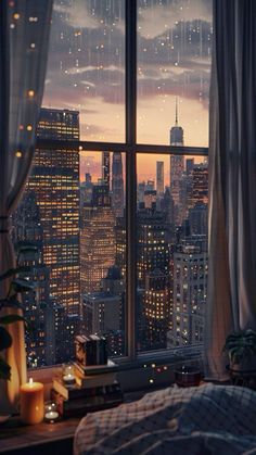 a bedroom with a view of the city lights and skyscrapers at night from it's window