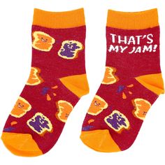 PREMIUM QUALITY: Socks pair is made from a blend of 70% cotton, 28% polyester, 2% spandex materials. These (S/M or M/L) or 4-7YO) unisex socks fit children’s shoes (US 8-11 or US 10-1) IN-HOUSE DESIGN: Features a sewn-in PB&J pattern on the red top and side parts of the sock. The outer ankles feature “That's My Jam” text that is also sewn in. The toes, heels and tops are a solid orange color. Socks come packaged inside of a plastic poly bag with a hangtag and ribbon. CARE INSTRUCTIONS: Machine w Color Socks, Pet Bereavement, Solid Orange, Unique Gift Items, Travel Hat, Kid Lifestyle, Gifts For Sports Fans, My Jam, Poly Bags