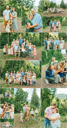 a collage of family photos taken in the woods with their parents and children, including two