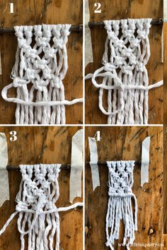 four pictures showing how to make a crochet wall hanging