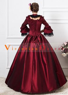 Wine Red 1800s Victorian Dance Dress Historical Wedding Ball Gown   Condition: Brand New  Color: amp;nbsp; As Picture  Material: Satin  Silhouette: Ball Gown  Sleeve Length: Long Sleeve  Dresses Length:Floor-Length  Neckline: Square Collar  Decoration: Lace  Style: Vintage  Includes: Dress And Petticoat    amp;nbsp; Fitted Vintage Ball Gown With Historical Design, Victorian Dress With Historical Design For Debutante Ball, Victorian Dress For Debutante Ball With Historical Design, Vintage Victorian Dress With Ruffles For Debutante Ball, Regency Style Ball Gown For Wedding, Victorian Fitted Ball Gown For Wedding, Fitted Burgundy Ball Gown, Vintage Historical Ball Gown For Costume Party, Victorian Ball Gown Dress For Theater