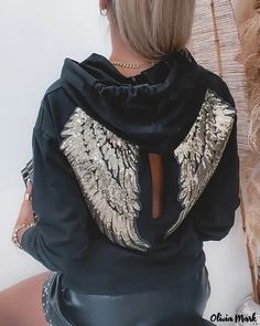 Color: black, Size: XL Wing Pattern, Sequin Hoodie, Chic Type, Y2k Clothes, Estilo Chic, Hooded Top, Hoodie Material, Hooded Shirt, Hooded Tops