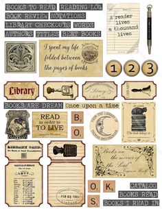 an assortment of old fashioned books and other items for library related items, including paper tags