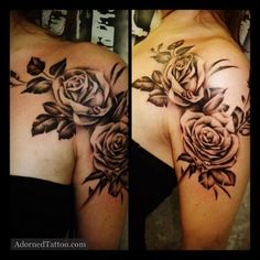 two different views of a woman's shoulder with roses on it