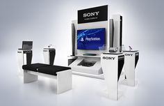 the sony booth is set up to showcase its new products and services, including an interactive gaming console