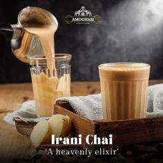 there is an advertisement for a beverage called tranfu chai on the wooden table