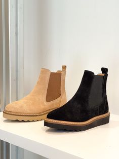 Chelsea boots are on trend this season at any age. Our Coco Chelsea bootie is available in suede with a side gore, for easy pull-on, and a lug sole bottom that allows for comfort and durability no matter what the weather is outside. Casual Flat Heel Platform Boots, Everyday Slip-on Fall Boots, Everyday Slip-on Boots For Fall, Everyday Fall Slip-on Boots, Casual Platform Boots With Closed Toe, Casual High Ankle Boots With Textured Sole, Trendy Slip-on Boots With Lug Sole, Trendy Slip-on Boots Medium Width, Trendy Medium Width Slip-on Boots