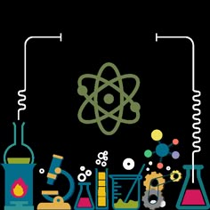 an image of science related items on a white background, including beakles and flasks