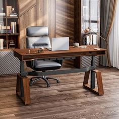 a wooden desk with a laptop on it in front of a bookcase and bookshelf