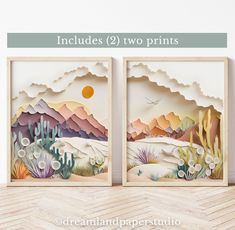 two paper cut art pieces with mountains and cactuses