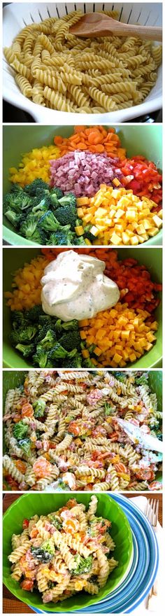 different types of pasta and vegetables on plates