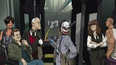 an animated image of people on a subway train with clown face painted on the side