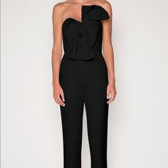 Alexia Maria Silk Faille Twisted Bow Jumpsuit. Size 4. Retail $706. This Was Used As A Store Floor Model. May Have Been Tried On/ Handled At The Store. Line Across Label To Prevent Return At The Store Silk Faille Semi-Sweetheart Strapless Neckline Self Tied Twisted Bow On Bodice Seam At Natural Waist With Triangular Cutout Cigarette Style Trousers Concealed Back Zipper With Hook And Eye Closure Fully Lined Shell: 100% Silk Lining: 100% Polyester Professional Dry Clean Only Made In Usa Of Importe Evening Pantsuit With Structured Boning, Elegant Strapless Jumpsuit For Spring Cocktail, Luxury Black Jumpsuits And Rompers For Formal Occasions, Luxury Black Formal Jumpsuits And Rompers, Chic Fitted Cocktail Pantsuit, Chic Fitted Pantsuit For Cocktail Events, Chic Fitted Pantsuit For Cocktail Occasions, Chic Fitted Pantsuit For Cocktail, Sleeveless Elegant Jumpsuits For Black-tie Events