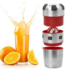 an orange juicer next to two cups with oranges in them and one glass filled with liquid