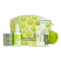 Juicy Delights 7-Piece Gift Set -  Juice Beauty's 7 Piece Juicy Delights Gift Set is a must have minis kit that contains 6 Best Selling Skincare items packaged inside a travel bag. Cleanse, exfoliate, treat, and hydrate your skin for smoother, more hydrated, glowing results.    Benefits     PREBIOTIX Cleansing Cream: A gentle, creamy formula with Coconut + Aloe deeply cleanses and removes makeup revealing smoother skin. GREEN APPLE Peel Full Strength Exfoliating Mask to reveal a brighter complex Skincare Items, Skincare Products Photography, Brightening Eye Cream, Exfoliating Mask, Oil Free Moisturizers, Juice Beauty, Hydrating Moisturizer, Beauty Oil, Licorice Root Extract