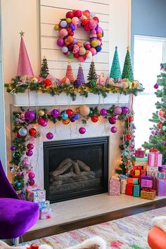 a fireplace decorated for christmas with colorful ornaments