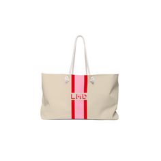 "From trips to the beach to weekend getaways and family picnics, this oversized tote is the ultimate carryall. Made in the USA with a beautiful monogram stripe design, the tote is crafted from thick polyester canvas that has been squared off at the bottom for extra support. The tote features a spacious interior with a cream lining for organizing essentials and thick rope handles for effortless toting. Our tote bags also make great personalized gifts for bridesmaids. Our monogrammed travel totes are available in many stylish patterns. See our matching clutches, pouches, and phone cases.  ★Details★ This listing is for 1 Personalized Tote Bag with personalized INITIALS. size: 24\" x 13\" ★TOTE BAG★ * made with natural polyester canvas, rope handles * cream interior lining * this bag is printe White Weekender Bag For Weekend Trips, Pink Tote Travel Bag For Weekend, White Rectangular Shoulder Bag For Weekend Trips, Pink Tote Beach Bag For Weekend, Pink Tote Weekender Bag, Beige Weekend Tote Travel Bag, Beige Tote Travel Bag For Weekend, Red Rectangular Weekender Bag For Trips, White Rectangular Bag For Weekend Trips