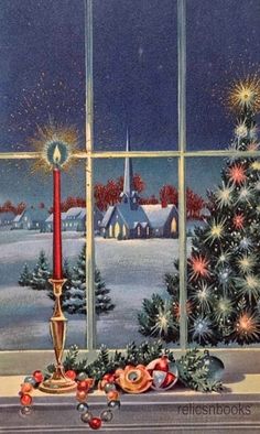 an old fashioned christmas card with a lit candle on the window sill