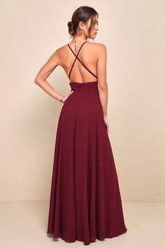 Glam Burgundy Maxi Dress - Backless Maxi Dress - Burgundy Gown - Lulus Fitted Backless Chiffon Dress, Chiffon Maxi Dress With Tie Back For Parties, Backless Dress With Crisscross Straps For Gala, Backless Bridesmaid Dress With Corset Back, Prom Dress With Sweetheart Neckline And Crisscross Straps, Elegant A-line Dress With Crisscross Straps, Fitted A-line Dress With Crisscross Straps, Dress With Sweetheart Neckline And Crisscross Straps, Fitted Dress With Crisscross Straps And Sweetheart Neckline