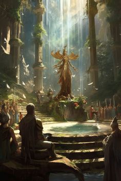 an artist's rendering of a statue in the middle of a forest filled with people